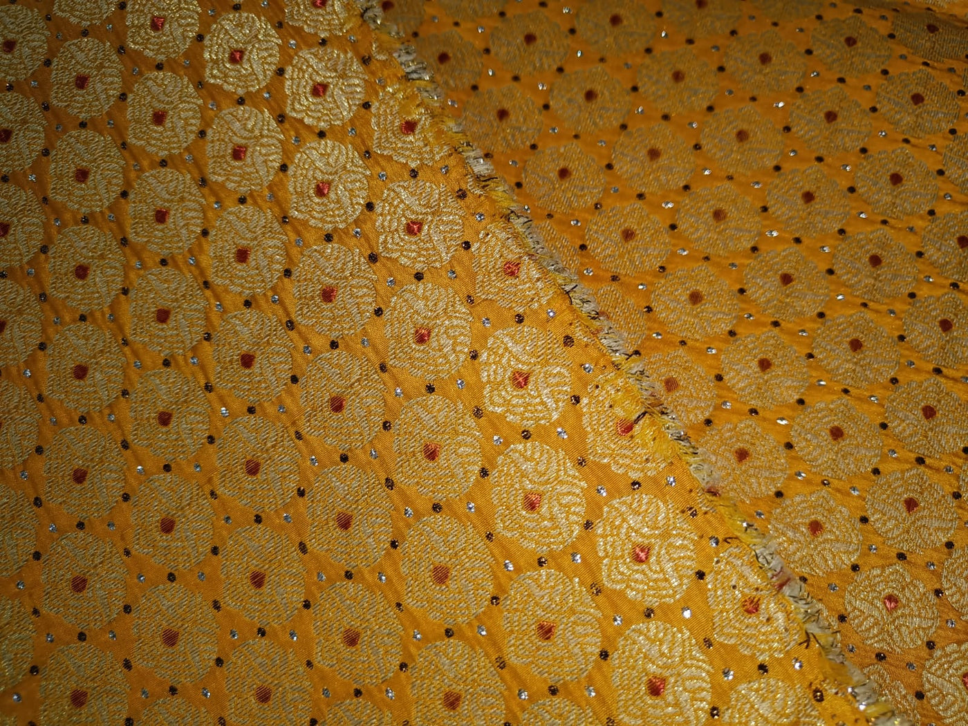 Pure SILK BROCADE FABRIC Mango Yellow,Red & Metallics COLOR 44" WIDE BRO314[2]