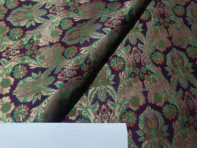 SILK BROCADE FABRIC Wine Purple,Green,Brown & Metallic Gold COLOR 44" WIDE BRO289[4]
