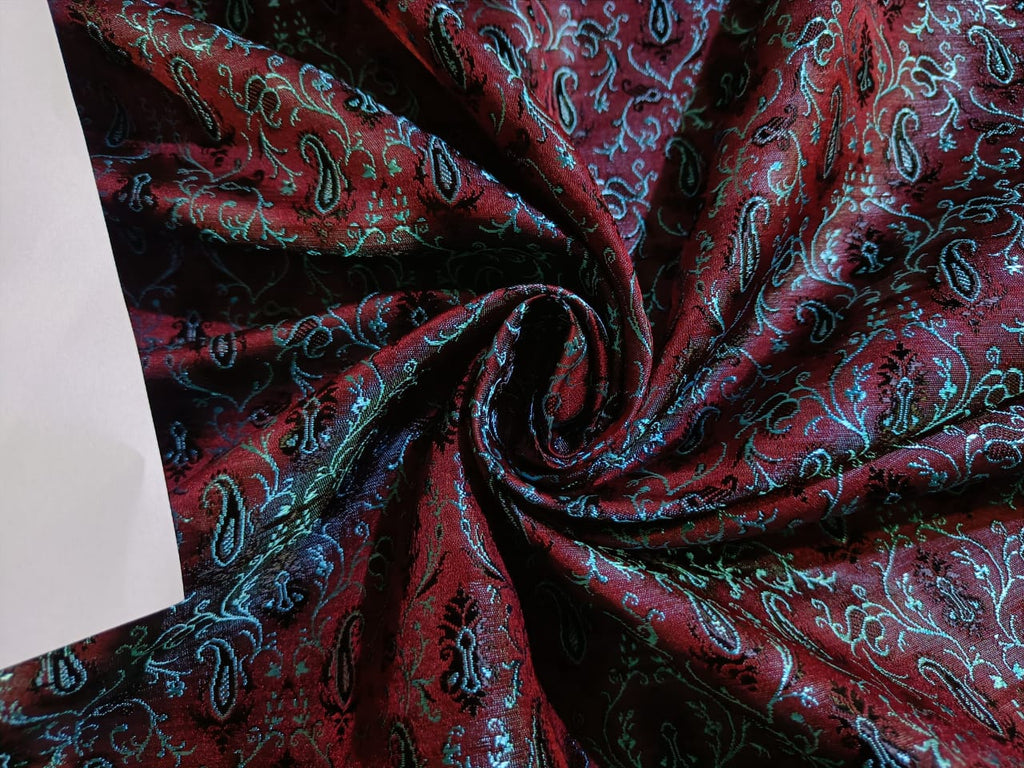 Silk Brocade Fabric Red,Light Blue & Black Color paisleys 44" WIDE BRO286[3]