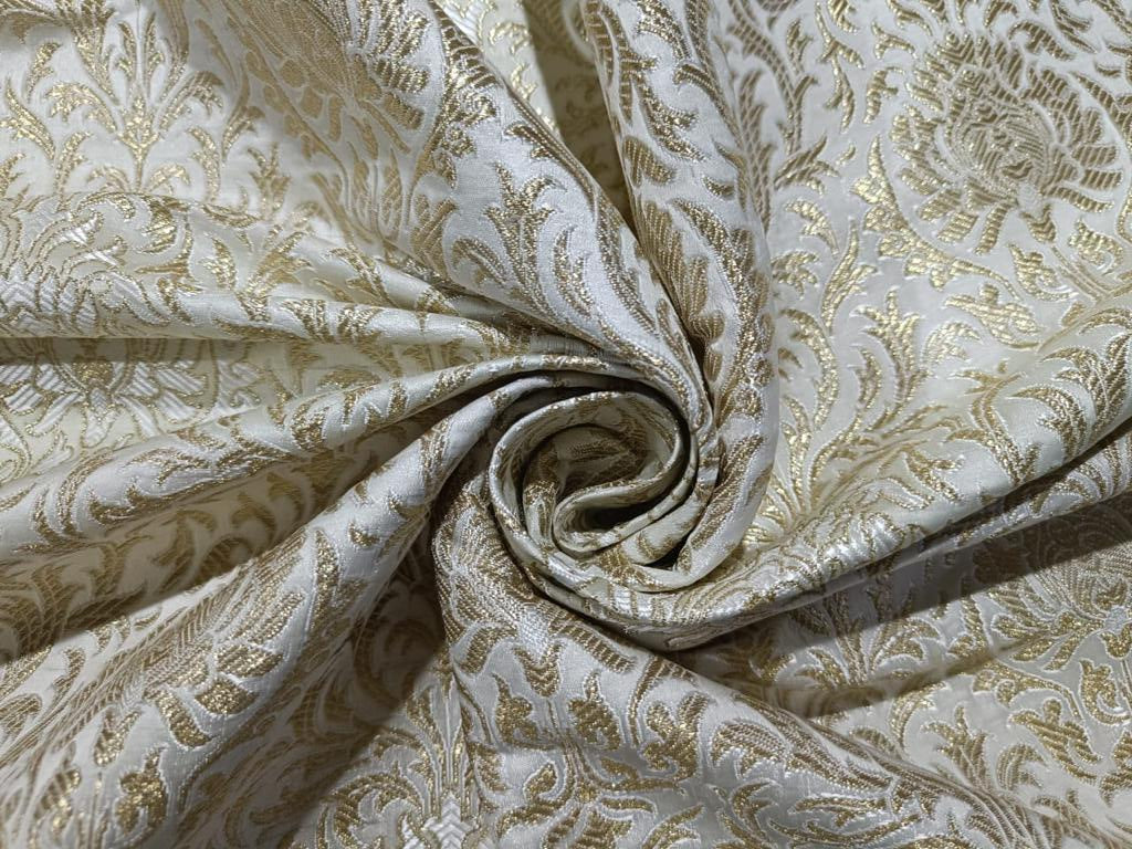 Pure Silk Brocade Fabric white & Metallic Gold color 36" WIDE BRO263[3]