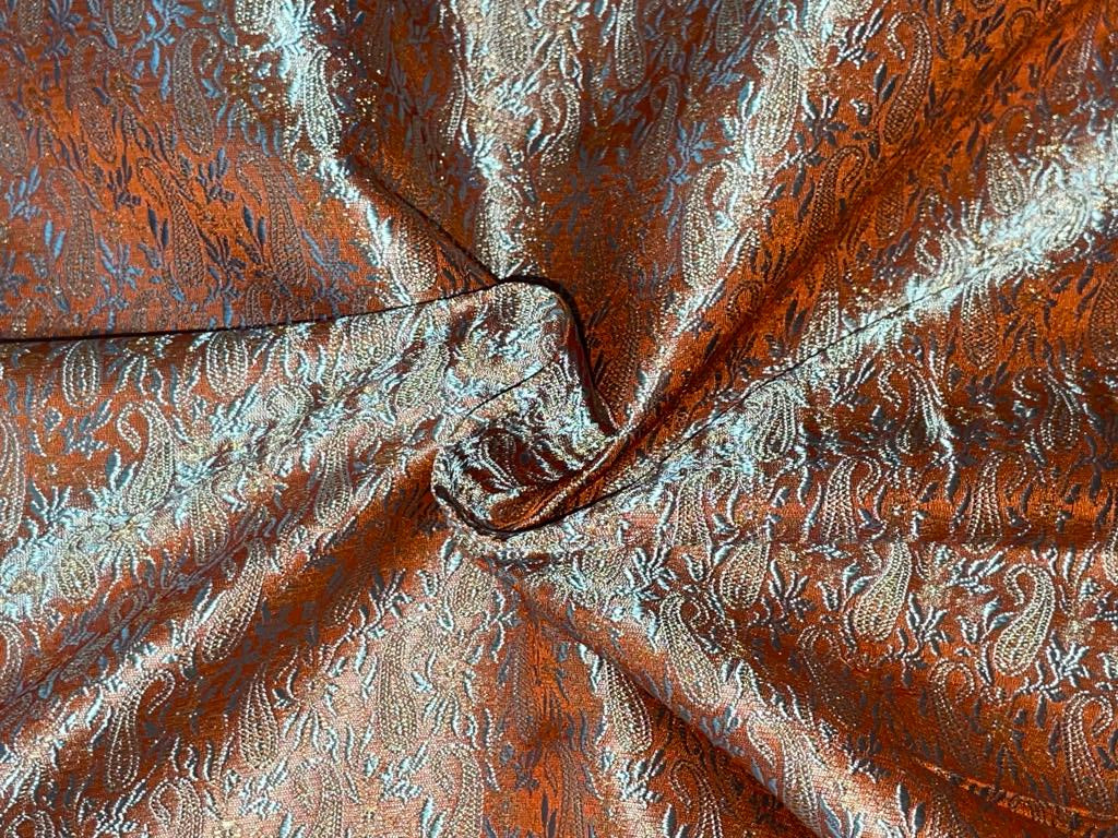 Silk Brocade fabric Orange,Blue & Metallic Gold color 44" wide BRO376[4]