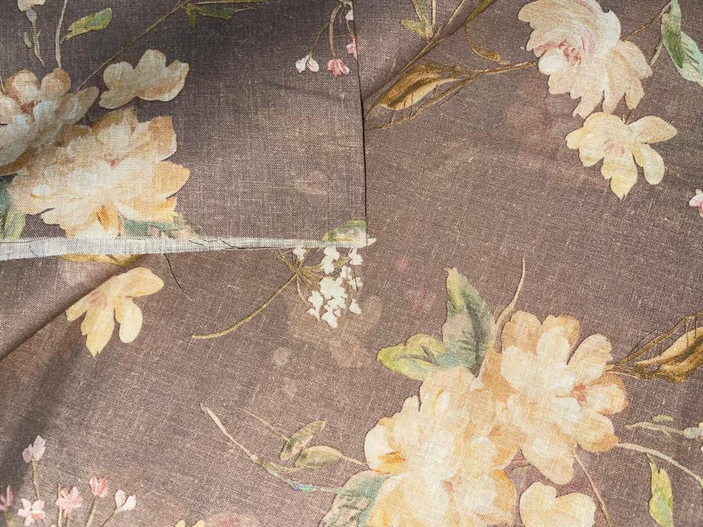 100% linen Floral  print 44" wide available in 4 colors [Beige brown, Watermelon pink, Yellow, Green]