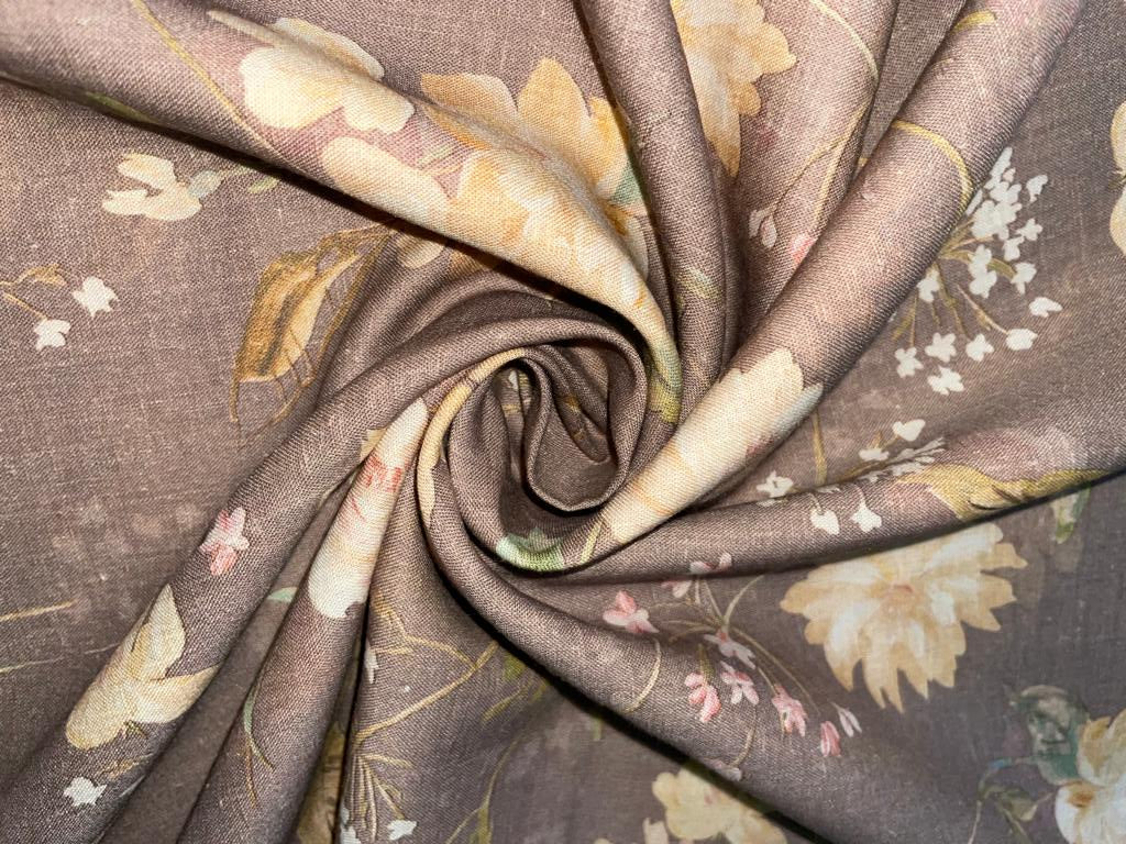 100% linen Floral  print 44" wide available in 4 colors [Beige brown, Watermelon pink, Yellow, Green]
