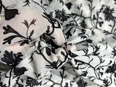 Silk chiffon  fabric 44" wide white with black  embroidery [18283]