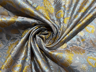 Silk Brocade fabric 44"silver grey with golden yellow  and blue floral  jacquard  BRO1064[2]