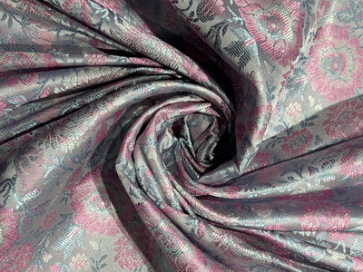 Silk Brocade fabric 44"silver grey with pink and blue floral  jacquard  BRO1064[1]