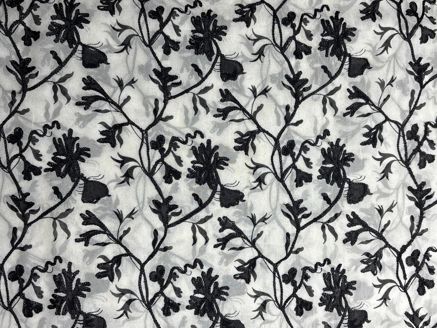 Silk chiffon  fabric 44" wide white with black  embroidery [18283]
