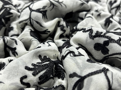 Silk chiffon  fabric 44" wide white with black  embroidery [18283]