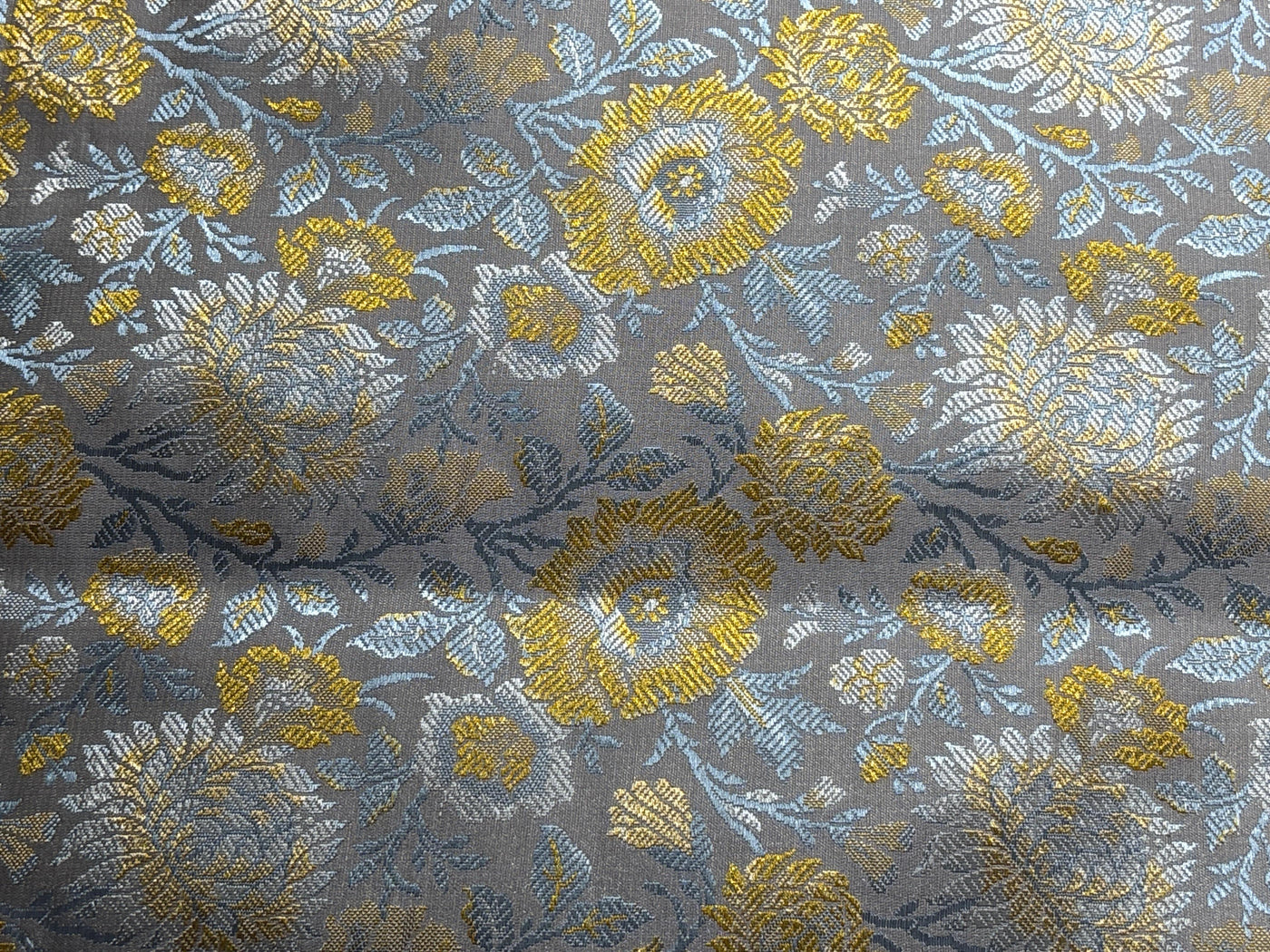 Silk Brocade fabric 44"silver grey with golden yellow  and blue floral  jacquard  BRO1064[2]