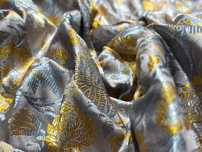 Silk Brocade fabric 44"silver grey with golden yellow  and blue floral  jacquard  BRO1064[2]