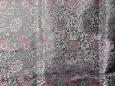 Silk Brocade fabric 44"silver grey with pink and blue floral  jacquard  BRO1064[1]