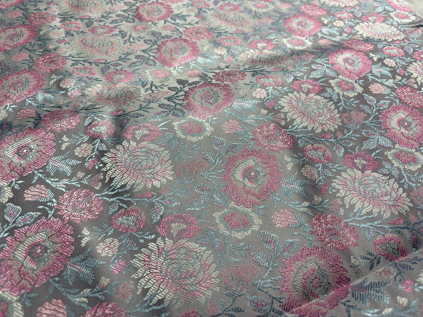 Silk Brocade fabric 44"silver grey with pink and blue floral  jacquard  BRO1064[1]