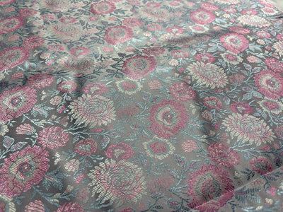 Silk Brocade fabric 44"silver grey with pink and blue floral  jacquard  BRO1064[1]