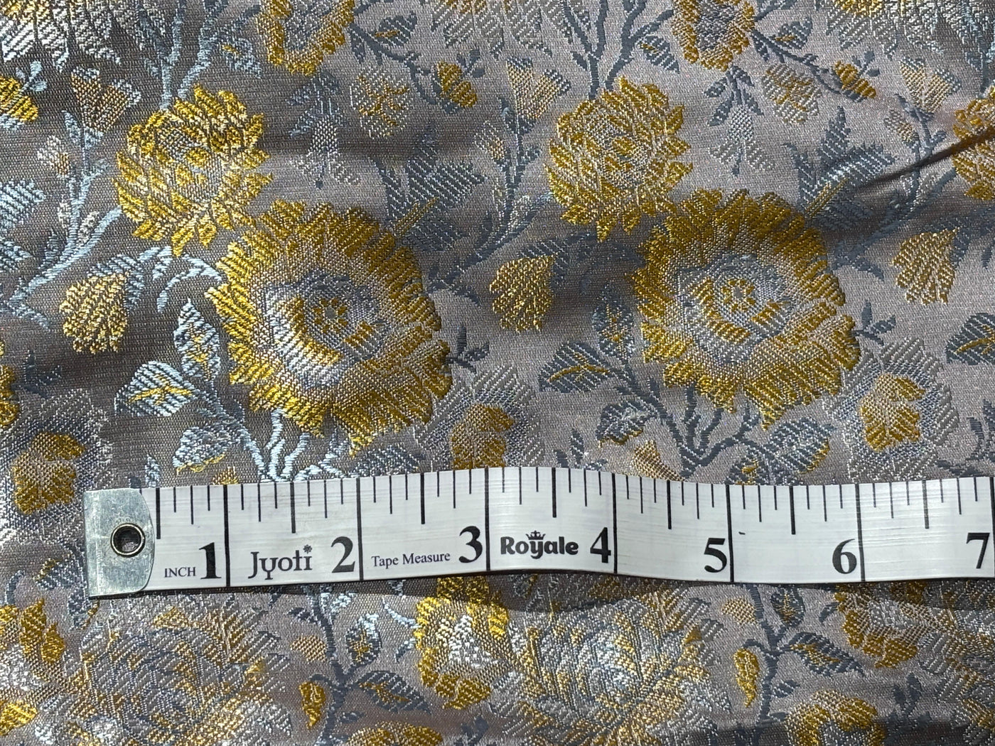 Silk Brocade fabric 44"silver grey with golden yellow  and blue floral  jacquard  BRO1064[2]
