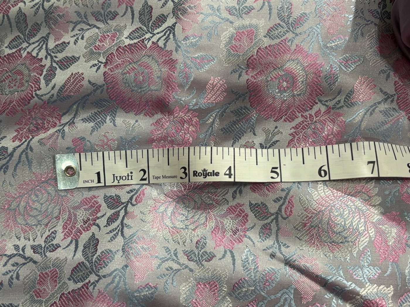 Silk Brocade fabric 44"silver grey with pink and blue floral  jacquard  BRO1064[1]