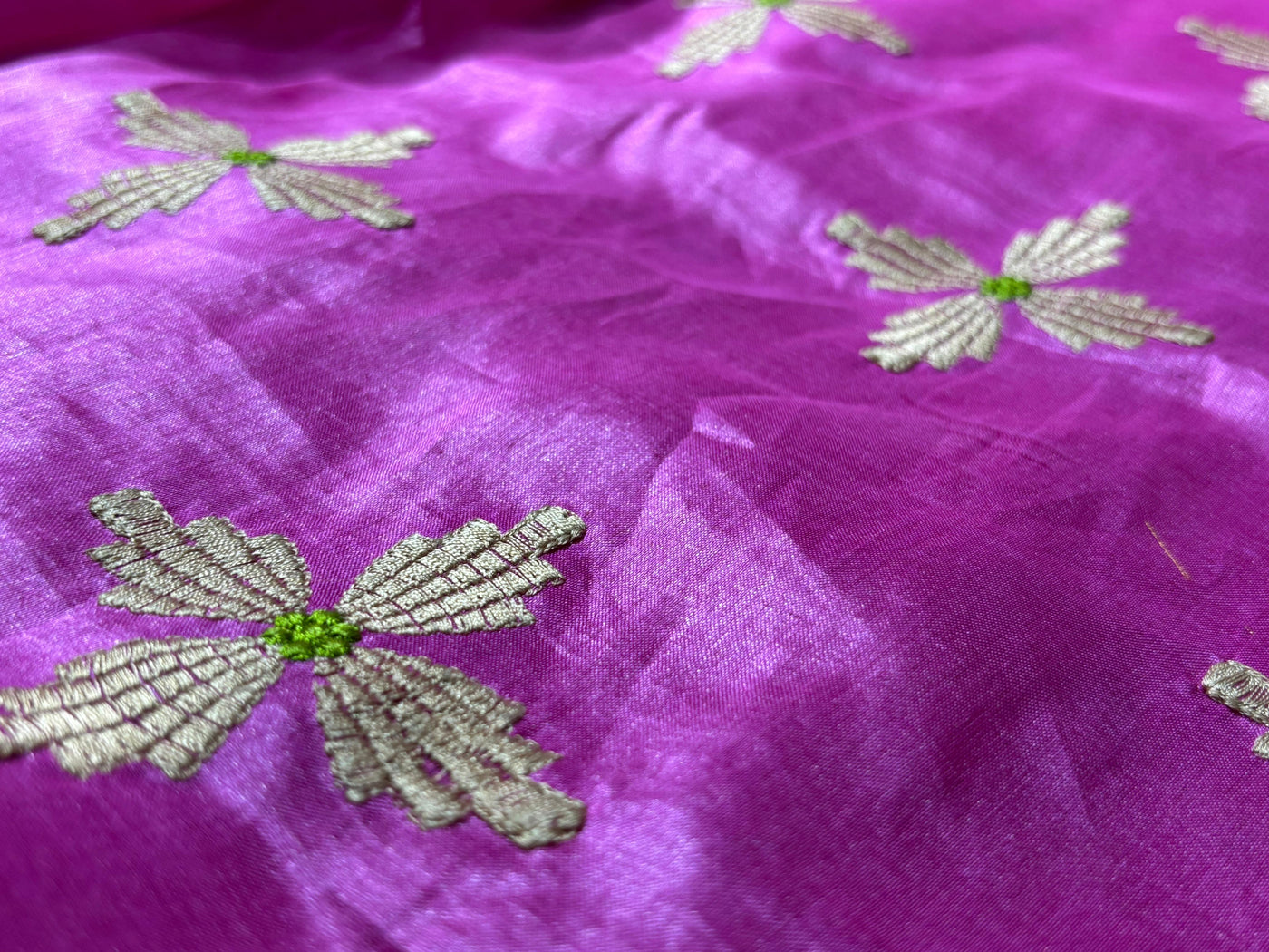 Tussar Silk 70 gms per meter Fabric pink with embroidered floral motif 42" Wide [18281]
