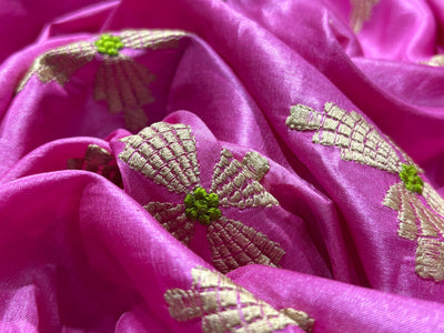 Tussar Silk 70 gms per meter Fabric pink with embroidered floral motif 42" Wide [18281]