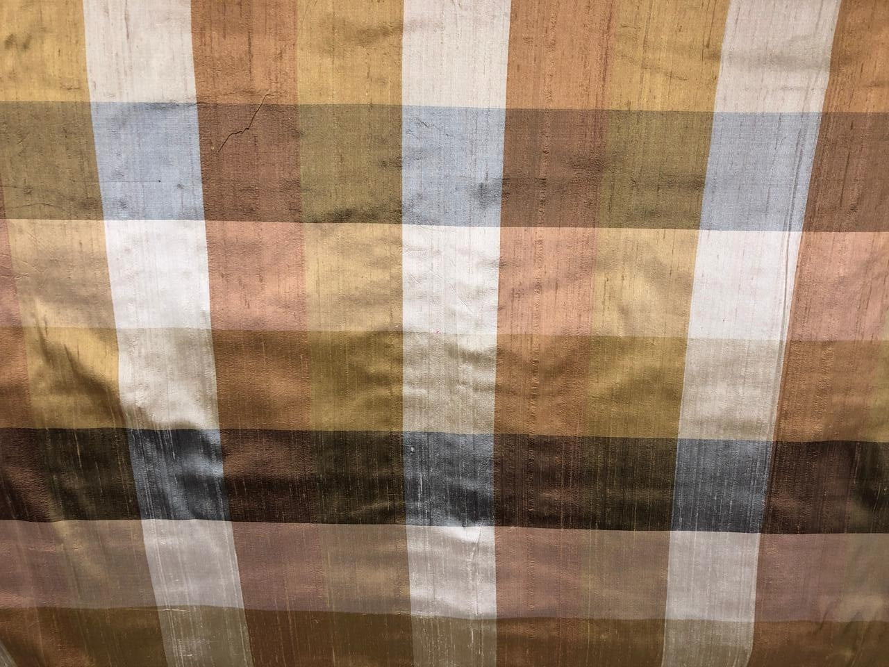 100% silk dupion  Plaids fabric shades of gold, brown and grey with slubs DUPNEWC31[2]