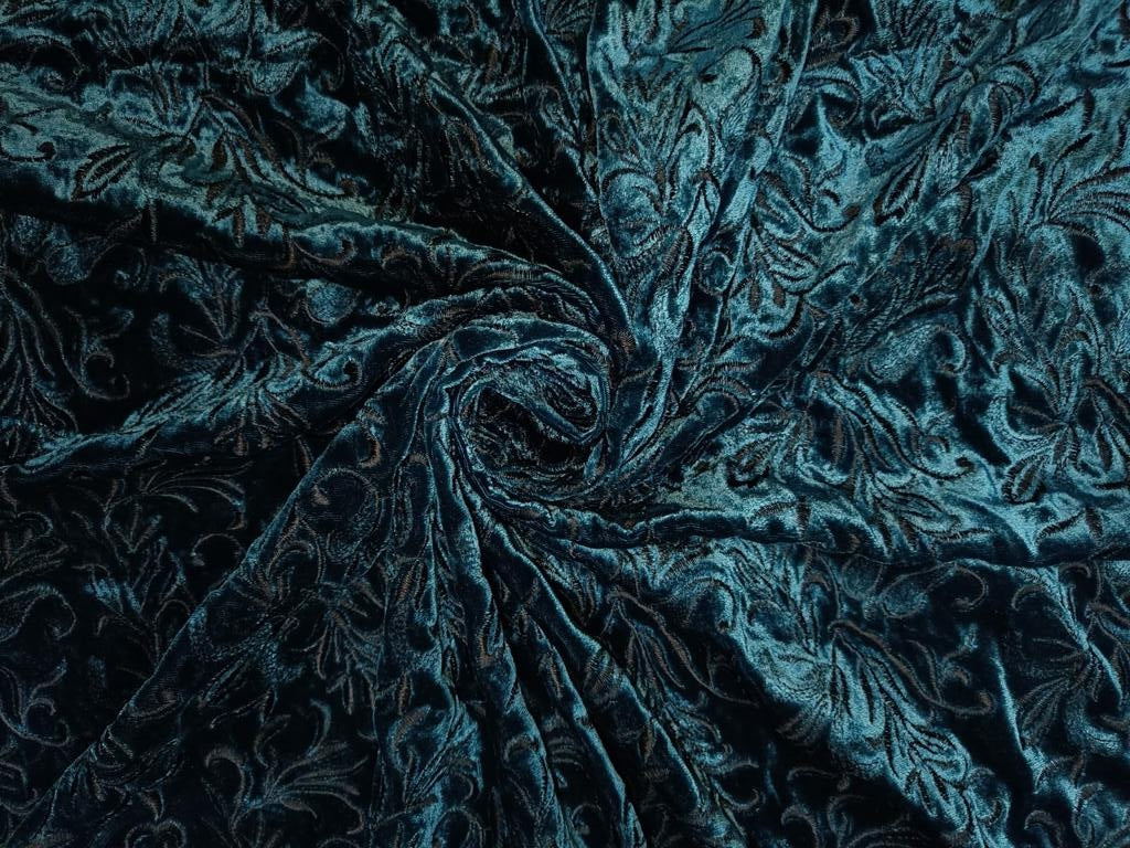 100% cotton Velvet Heavily Embroidered Fabric 54" wide ~ TEAL [14039]