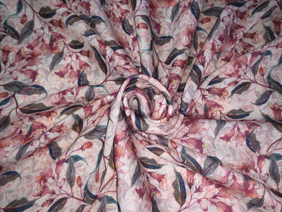 100% Cotton Linen IVORY,BROWN AND GREEN FLORAL PRINT [17020]