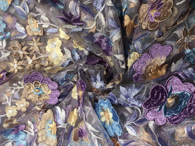 NET fabric lilac with floral embroidery with patchwork of nude pink, lilac and blue flowers 58" wide [17716]