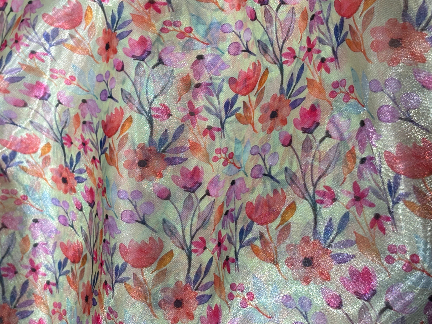 Silk metallic tissue organza fabric MULTI COLOR FLORAL JACQUARD 44 INCHES WIDE available in 2 STYLES MINT WITH PINK/ORANGE FLOWERS AND YELLOW WITH TINY PINK/ORANGE FLOWERS[17164/65]