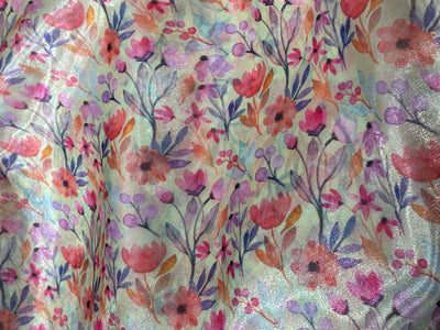 Silk metallic tissue organza fabric MULTI COLOR FLORAL JACQUARD 44 INCHES WIDE available in 2 STYLES MINT WITH PINK/ORANGE FLOWERS AND YELLOW WITH TINY PINK/ORANGE FLOWERS[17164/65]