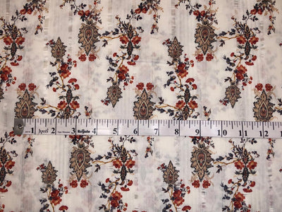 100% Viscose sateen stripe dobby print white ivory with red and gold flowers  - 58" Wide [18361]