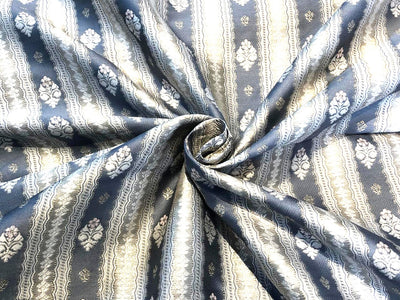 Silk Brocade fabric slate blue ,silver and white horizontal stripes with flower  motifs BRO1090[1]