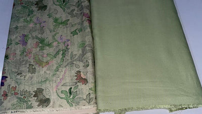 TASHMINA FABRIC available in 4 colors with matching solid [light olive/beige/pastel green and peach]