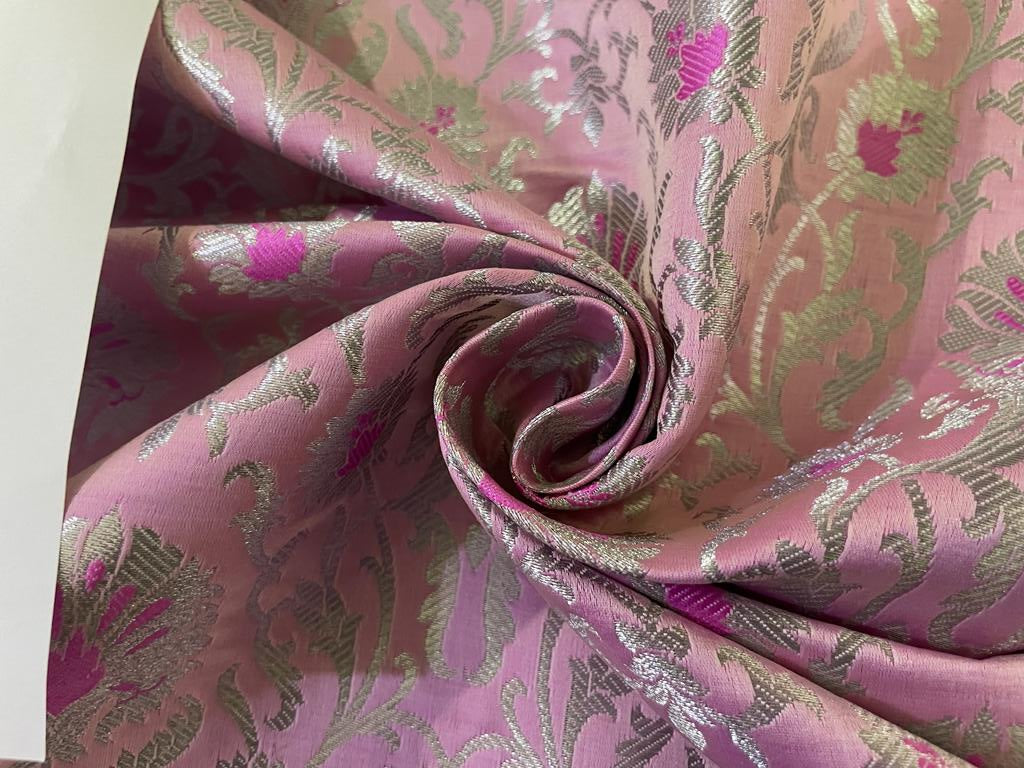 Silk Brocade fabric PINK with metallic SILVER, floral jacquard  44" wide BRO895A[3]