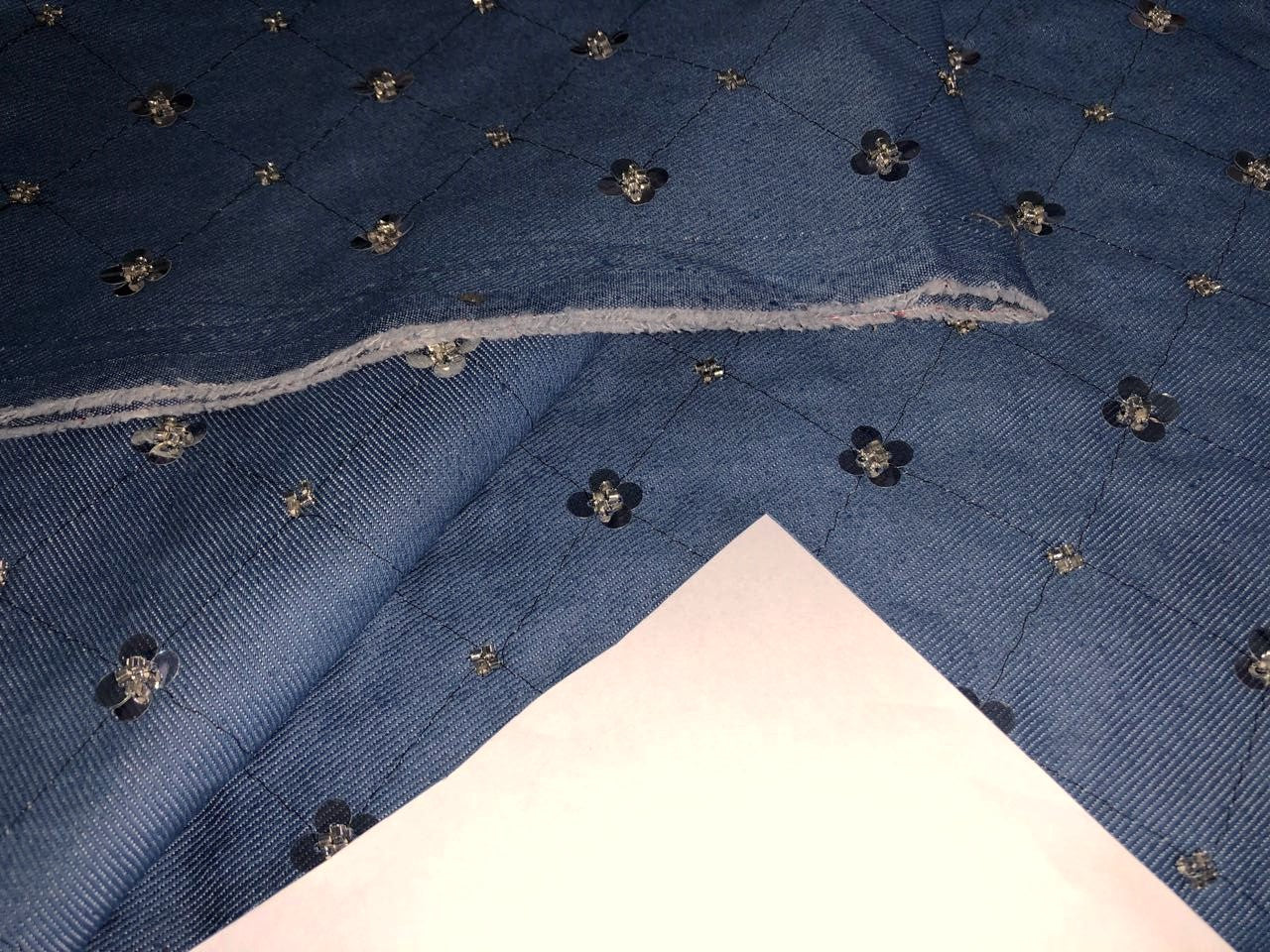 100% Cotton Denim Fabric 58" wide WITH FLORAL SILVER SEQUENCE  available in 3 COLORS  [DENIM BLUE , BLACK AND STEEL BLUE ]
