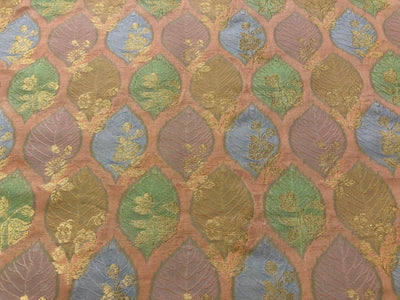 Silk Brocade fabric with colorful  leaf floral motif jacquard available in 3 colors mauve , pink peach and ivory BRO1091