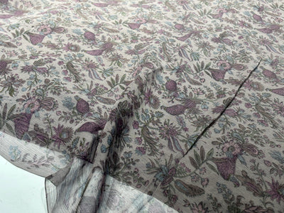 Silk chiffon  fabric iridescent  pink green and grey floral with bird  print  44" wide [17794]