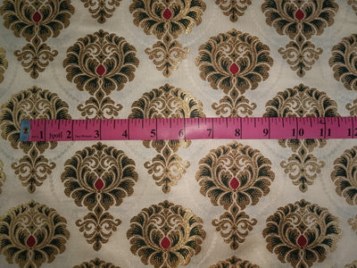Silk Brocade fabric 44" wide BRO879 available in 4 colours Ivory; Pink; Red / Ivory; Green / Red / Ivory; Emerald Green; Red / Ivory; black ;Red AND METALIC GOLD