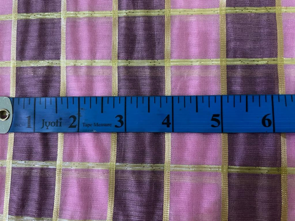 cotton chanderi fabric plaids shade of pink &amp; metallic gold 44&quot; wide [9258]