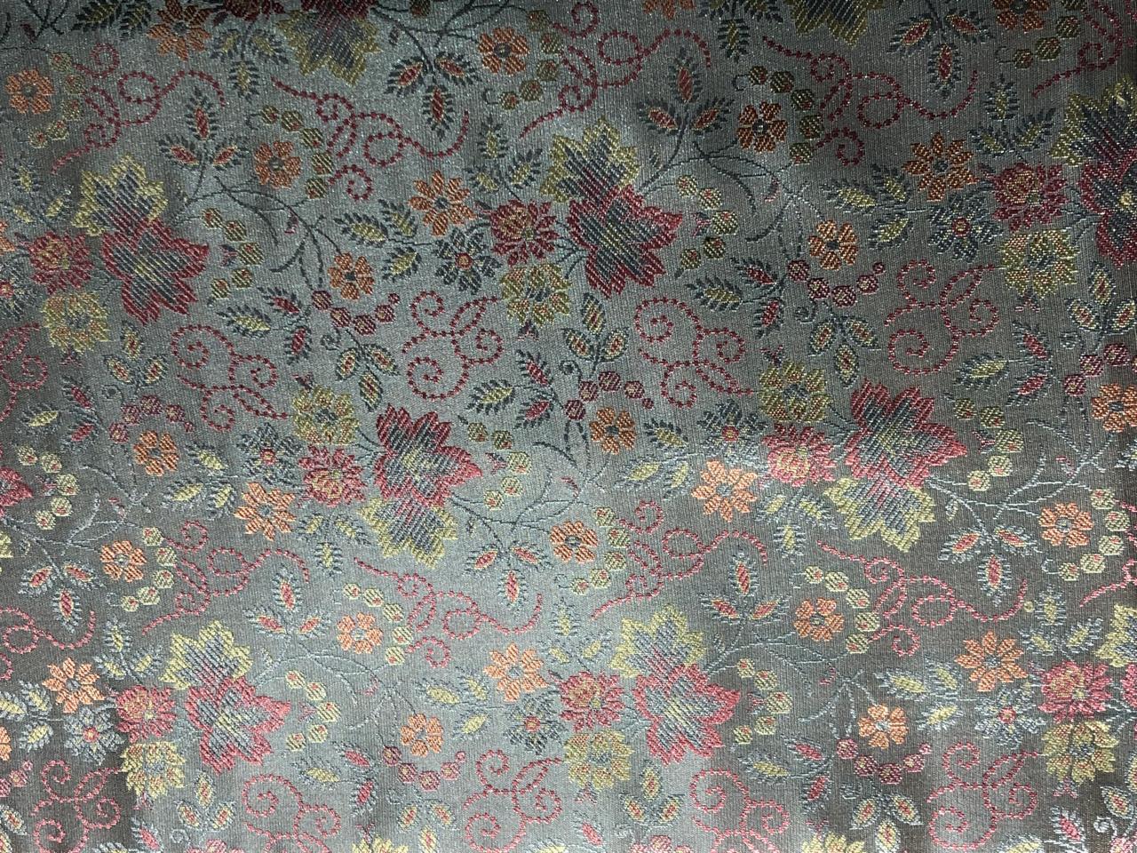 Silk Brocade fabric 44" wide silver grey with pink and yellow flowers  FLORAL JACQUARD  BRO959[3]