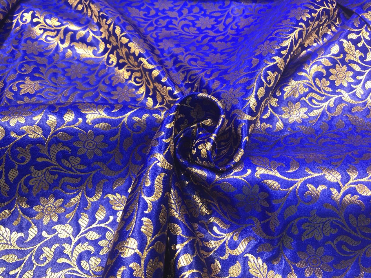 Silk Brocade fabric 44" and metallic gold floral jacquard available in 2 colors royal blue and green BRO1048