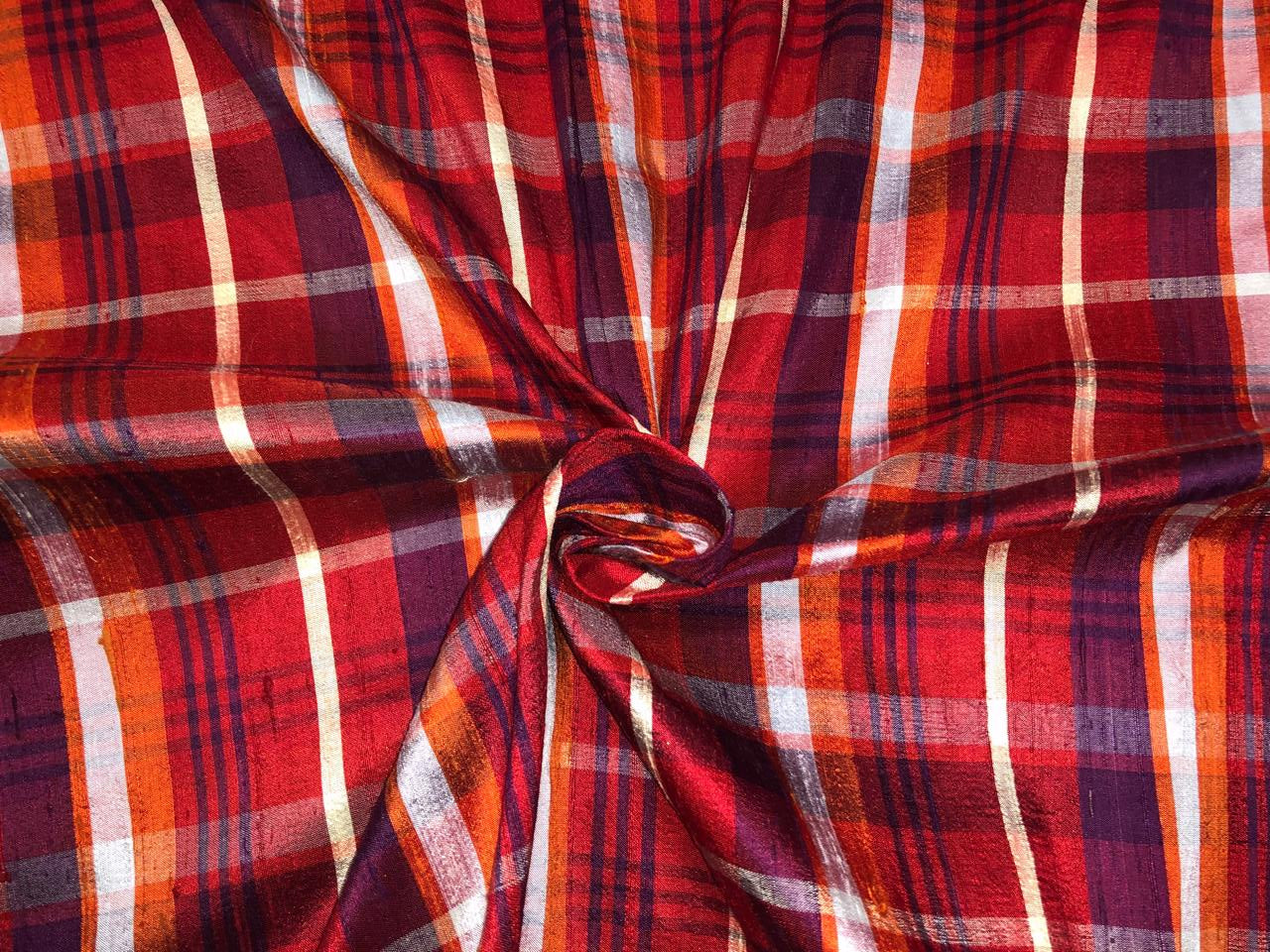 100% SILK DUPION Red tartan  plaids 54&quot; wide DUPC129