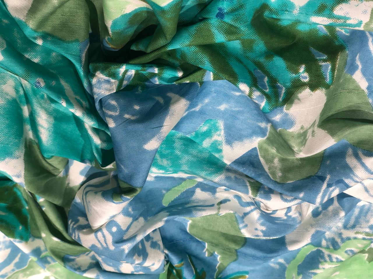 100% silk Dupion fabric floral print shades of blues and greens 54" wide DUPPRT43
