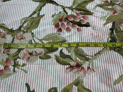 100% Silk dupioni silk 54&quot;-dark ivory  and dusty burgundy  color stripe  with floral embroidery in  burgundy  and olive DUPE67