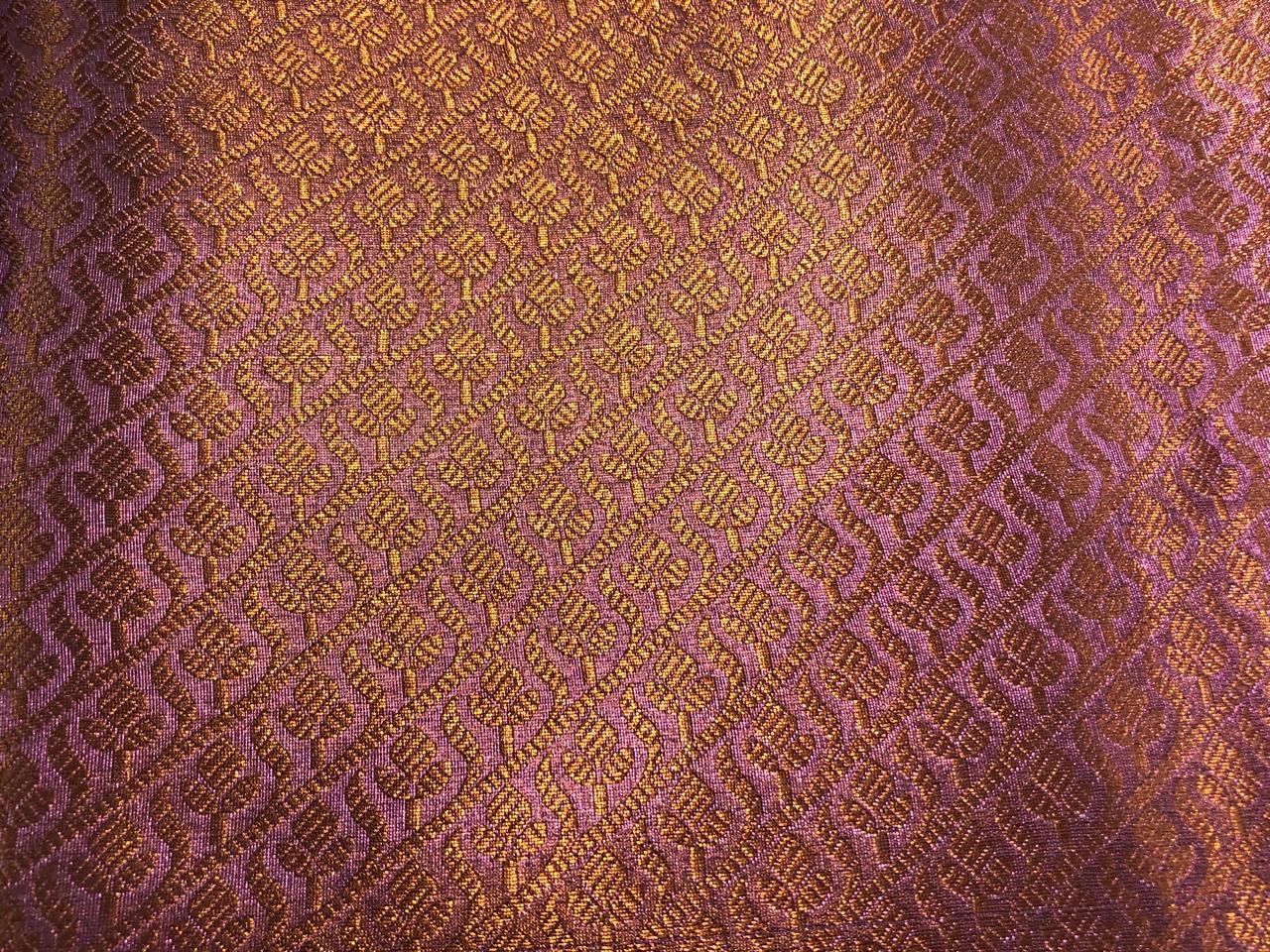 Silk Brocade pink Tissue Fabric with metallic copper  jacquard available in 2 designs floral and geometric with leaf motif BRO1020[1/2]