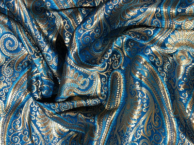 Silk Brocade fabric 44" paisley metallic gold  jacquard available in 2 colors bright orange and turquoise blue  BRO1049
