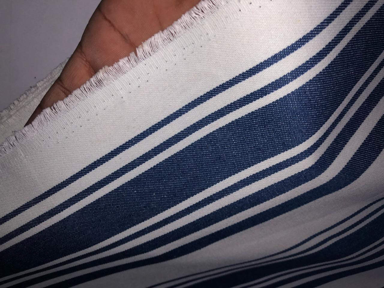 100% Cotton Denim Fabric 58" wide available in 4  different stripe designs 2 navy and white stripes and 2 navy and cream stripe
