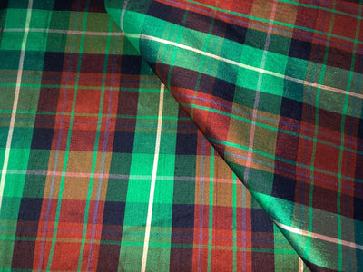 100% PURE SILK DUPIONI FABRIC  PLAIDS BRICK RED, NAVY AND GREEN  COLOR 54" WIDE single length 4.80  yds DUPcutC13