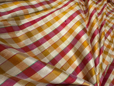 100% silk dupion  red ,pink, mustard, gold ,ivory Plaids fabric 44" DUPNEWC32[1]