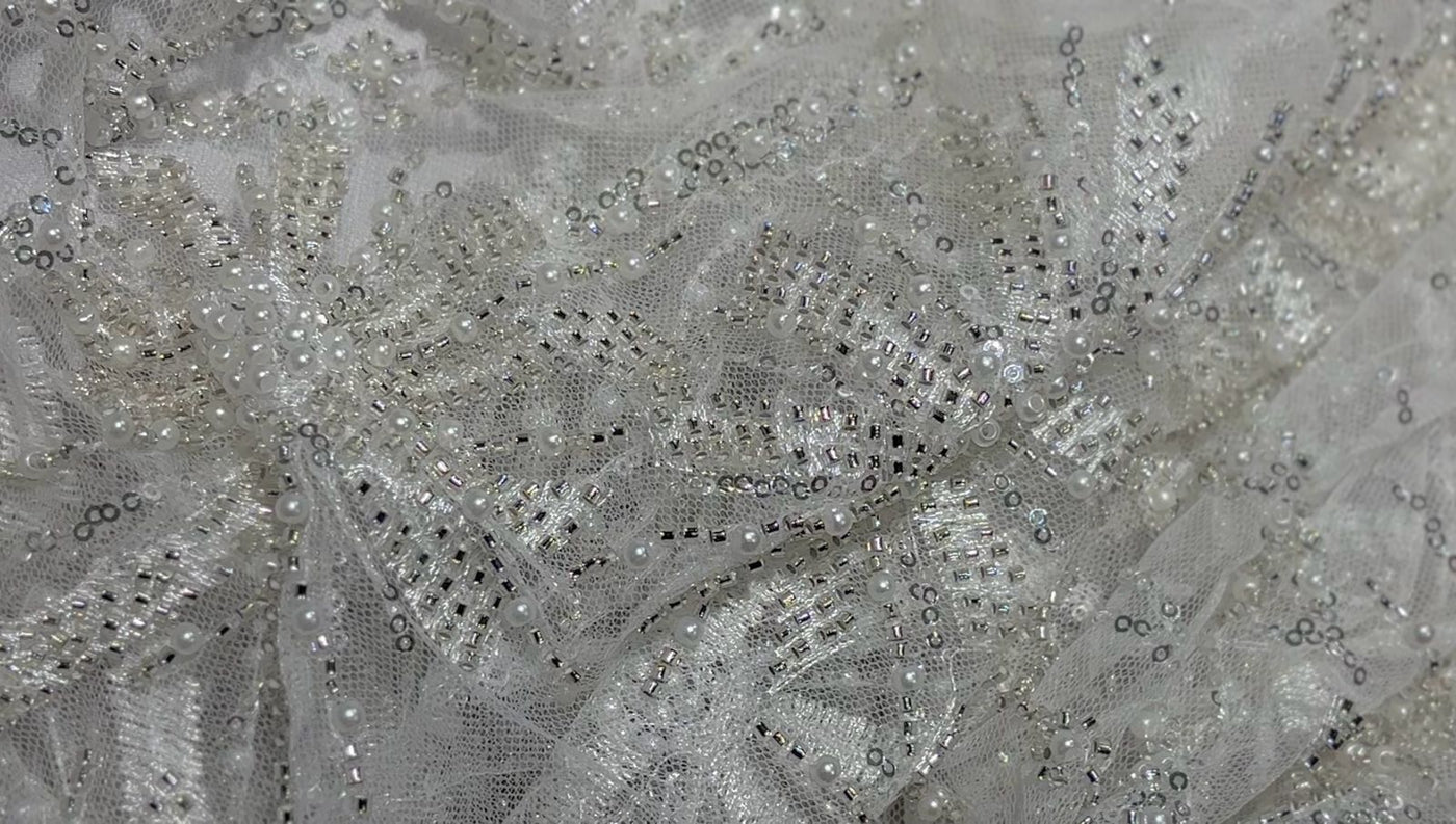 WHITE Net Fabric with SILVER color sequin,  PIPE BEADS and   WHITE PEARLS lycra 58'' Wide
