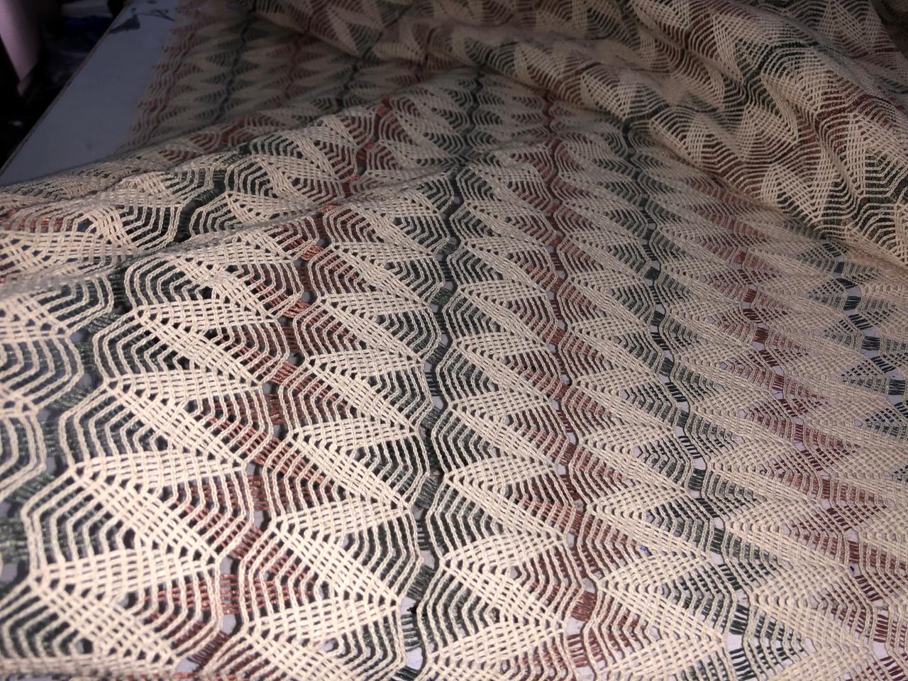 Cotton x jute fancy LACE overlay fabric offers intricate woven patterns 72"available in  2 designs diamond with squares and brown,green and cream triangles