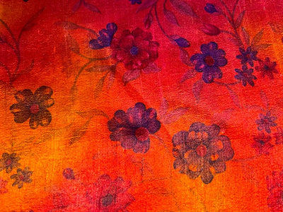 100% silk Dupion fabric redish orange with black floral print 40" wide SLUBS DUPPRT41[1]