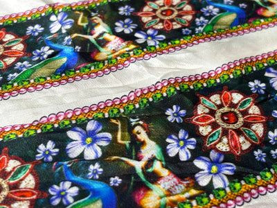 100% Pure Silk Satin 90 Grams Printed stripes of Indian classical dance with peacocks  44"Wide  Fabric [17792]